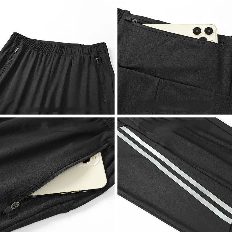 Men's black running trousers with mid-waist design and full-length athletic cut