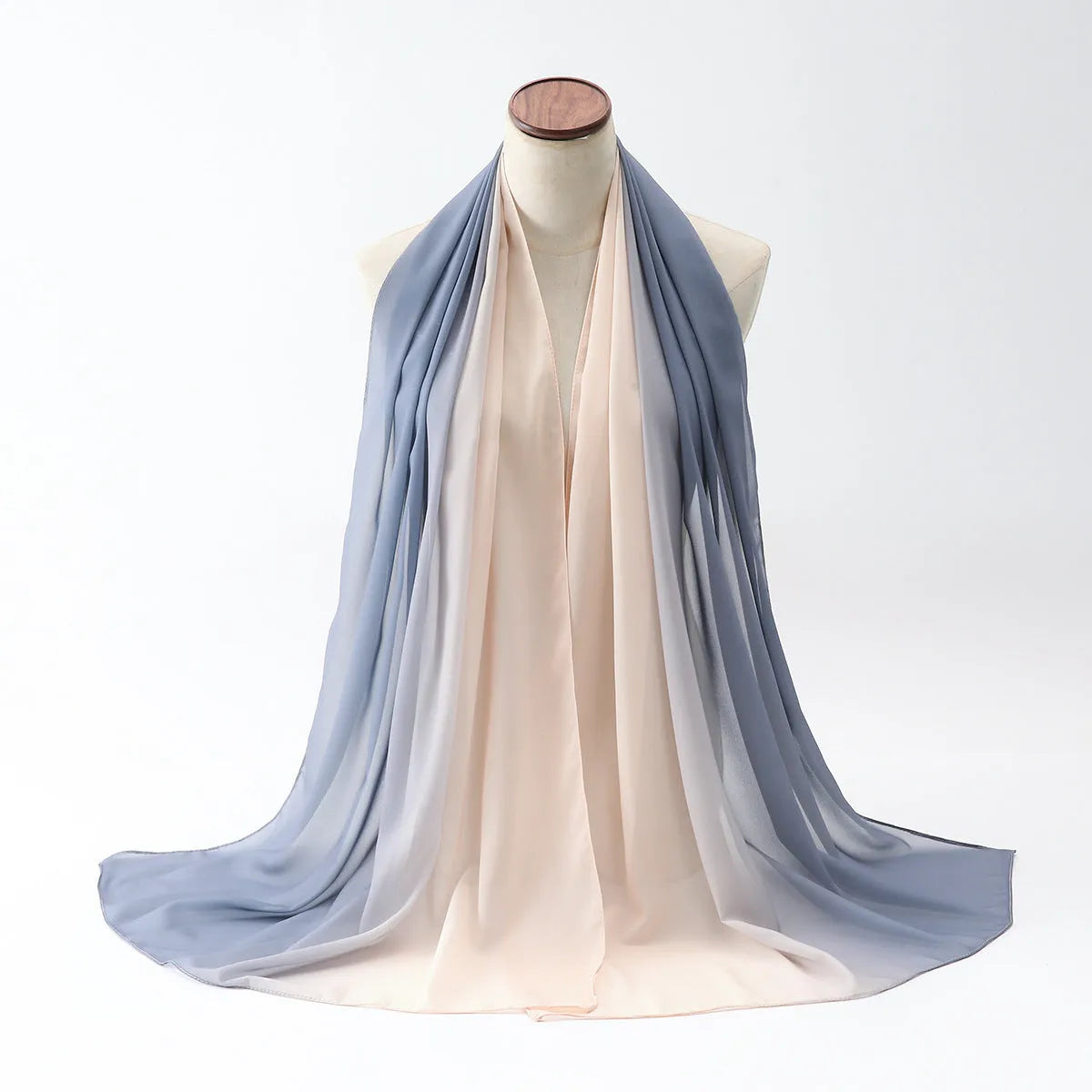 Women's chiffon bubble towel texture scarf in ethnic Pu long style showing length and colour options