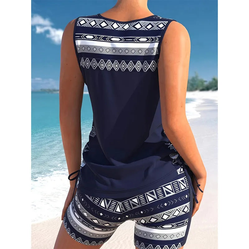 Women's sports hollow conservative split swimsuit in polyester sleeveless briefs style shown on white background
