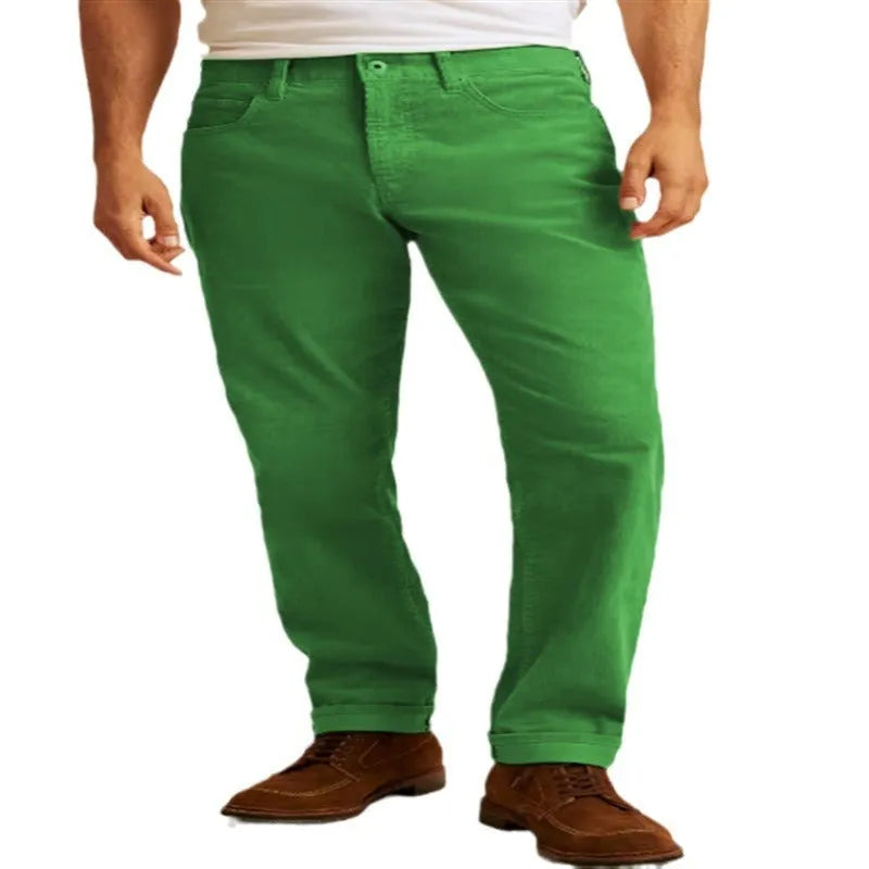 Corduroy straight-leg casual trousers in green with mid waist and zip placket closure