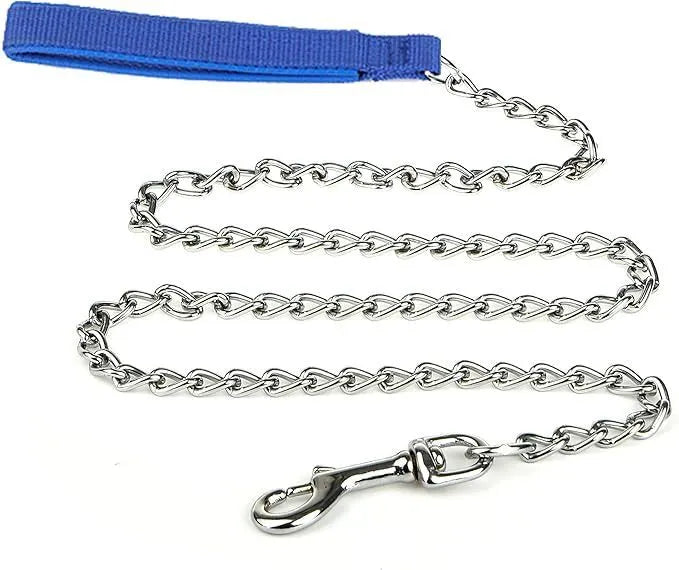 Heavy duty metal dog leash chain with a soft black padded handle