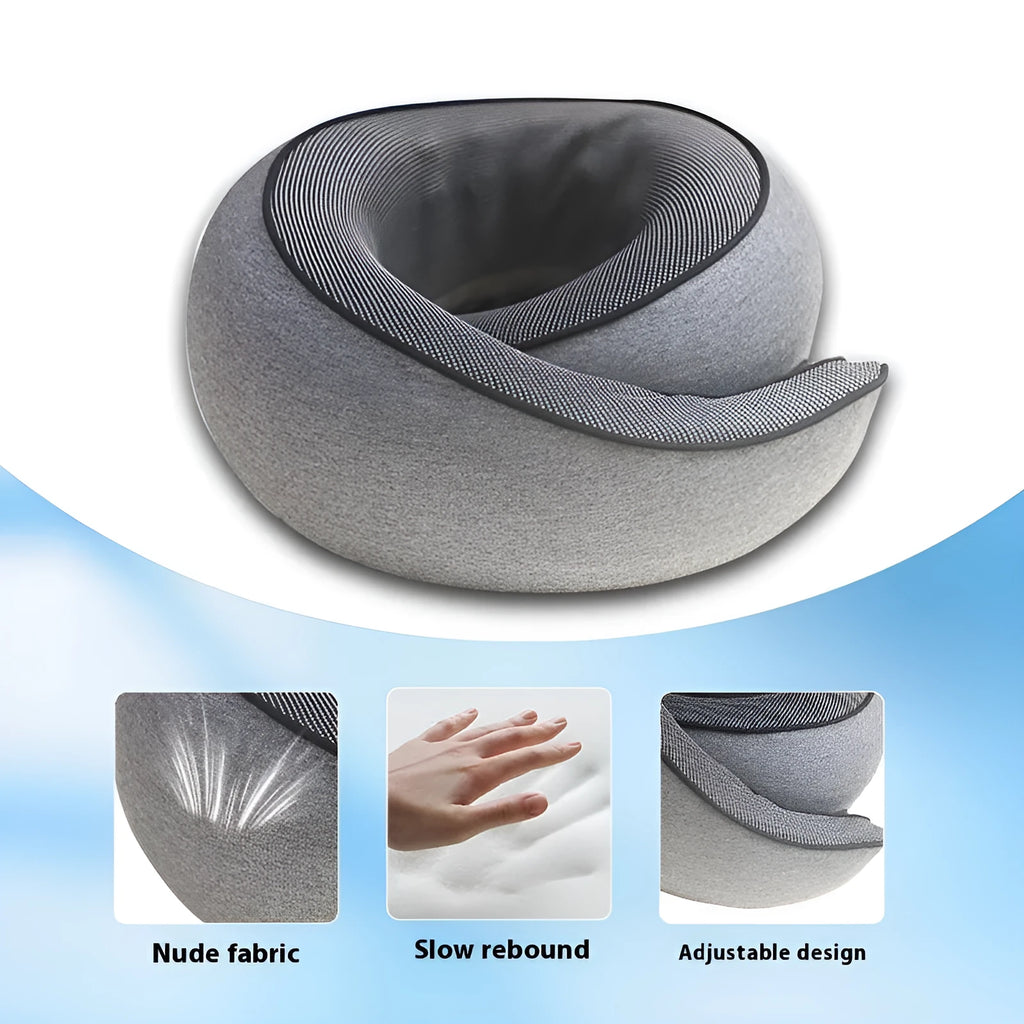 A U-shaped memory foam travel neck pillow in a simple design, shown with its matching storage bag.