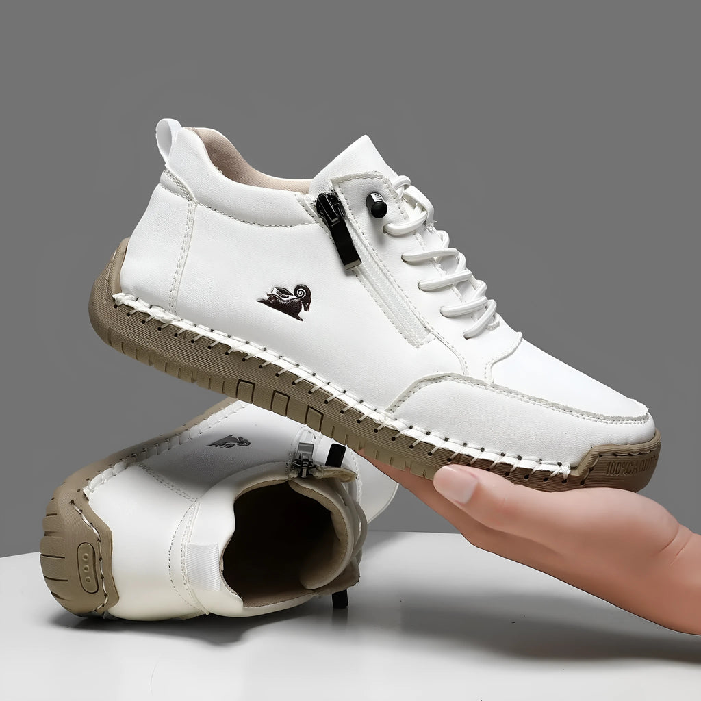 Women's hand-stitched flat shoes with microfiber upper, rubber sole, round toe, front lace-up, solid colour design