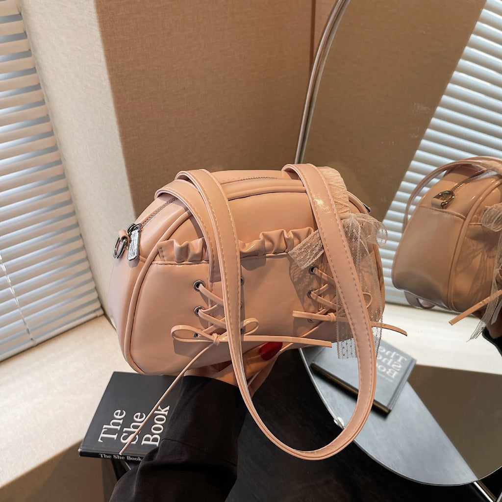 Milky white PU leather ladies shoulder bag with bandage bow and crossbody strap