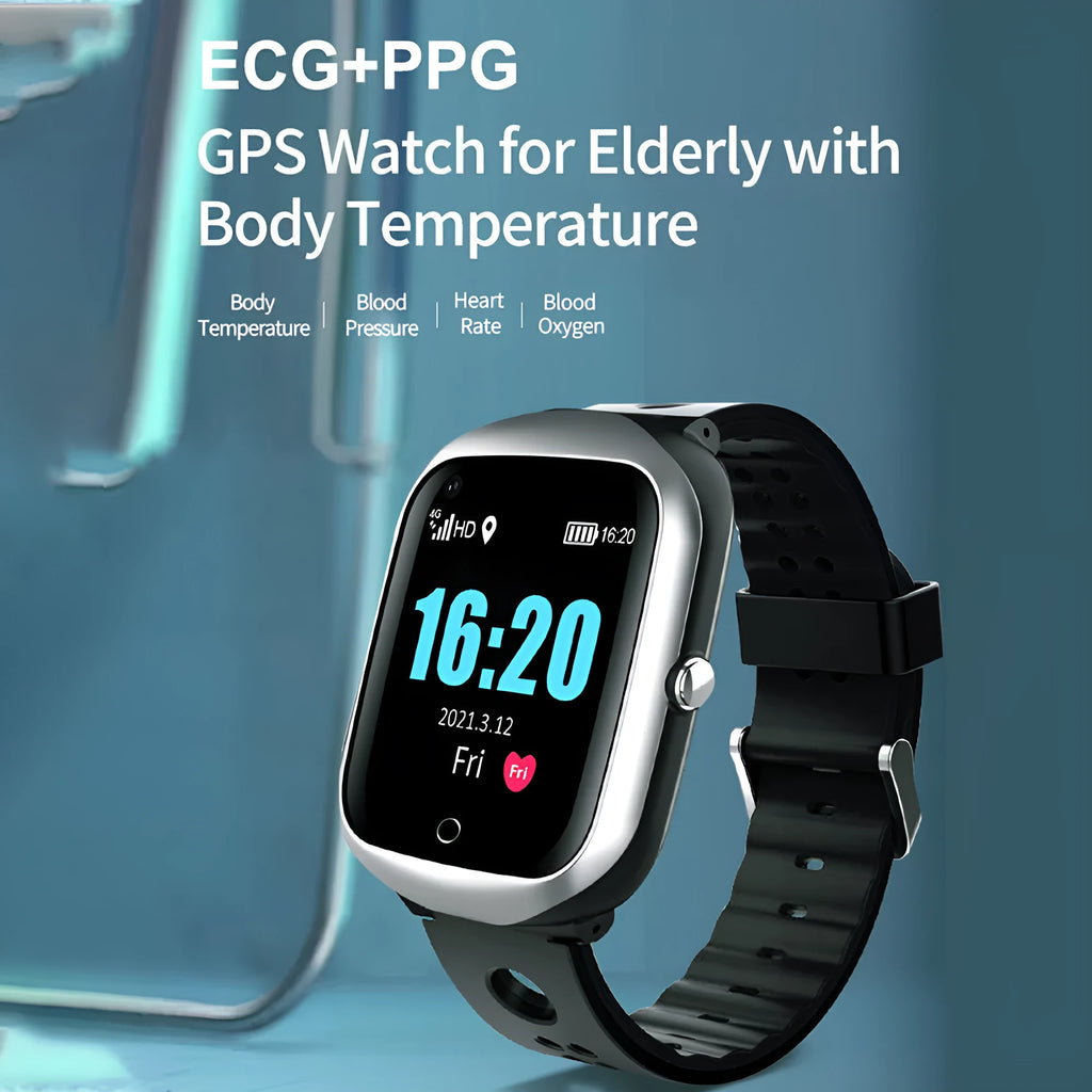 Elderly safety watch with square screen and silicone strap showing black, blue, and silver colour options