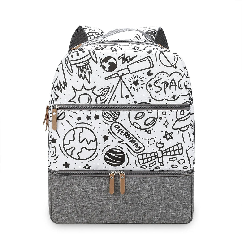 Grey insulated mother and child travel backpack with curved straps and multiple compartments.