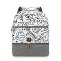 Grey insulated mother and child travel backpack with curved straps and multiple compartments.