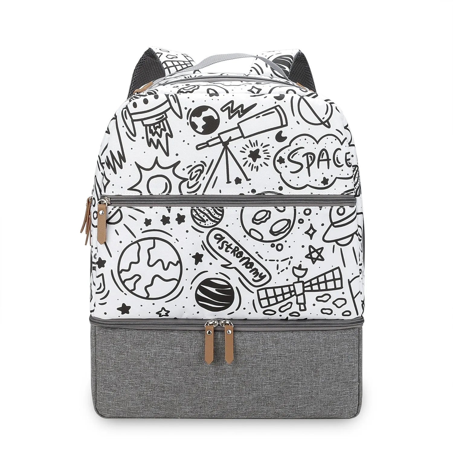 Grey insulated mother and child travel backpack with curved straps and multiple compartments.