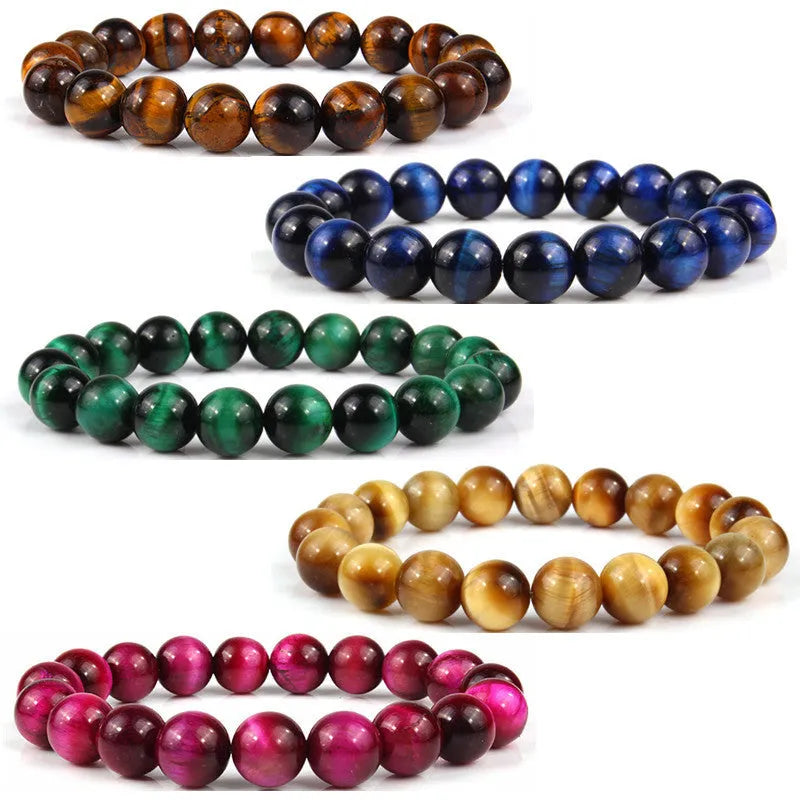 Unisex tigereye crystal bead bracelet with round geometric beads, shown in a dark blue variant.