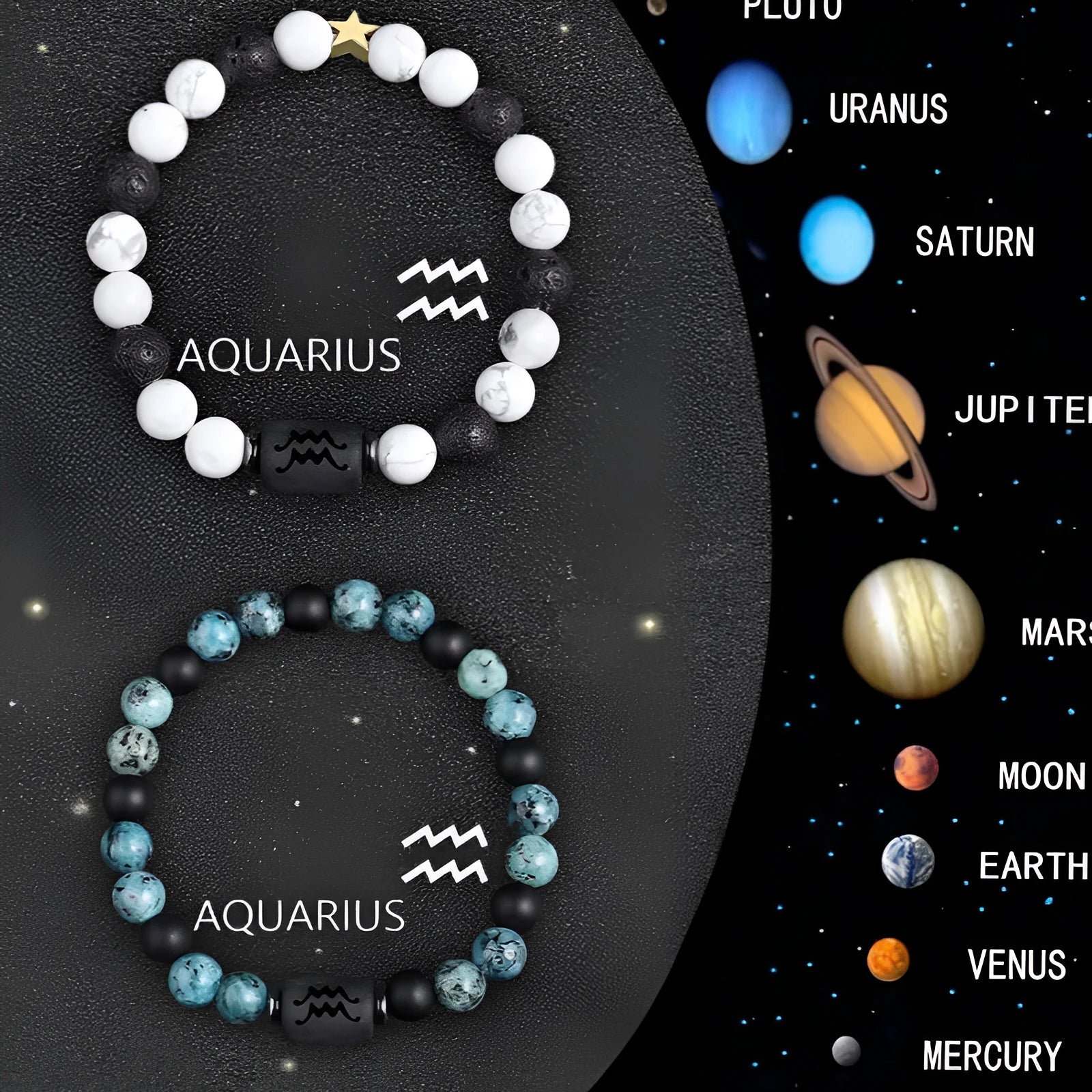 Two natural stone beaded zodiac bracelets with adjustable strings on wooden surface