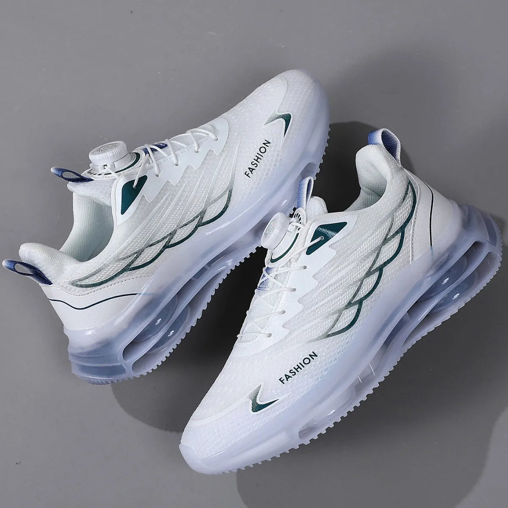 White youth sports shoes with rotating button fastening and mesh upper