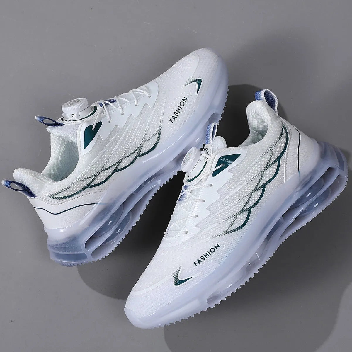 White youth sports shoes with rotating button fastening and mesh upper