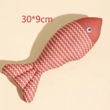 Catnip-filled fabric fish cat toy in blue, red, and yellow colour options