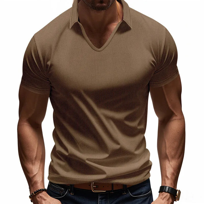 Men's V-neck short sleeve cotton blend top in loose fit with solid colour options