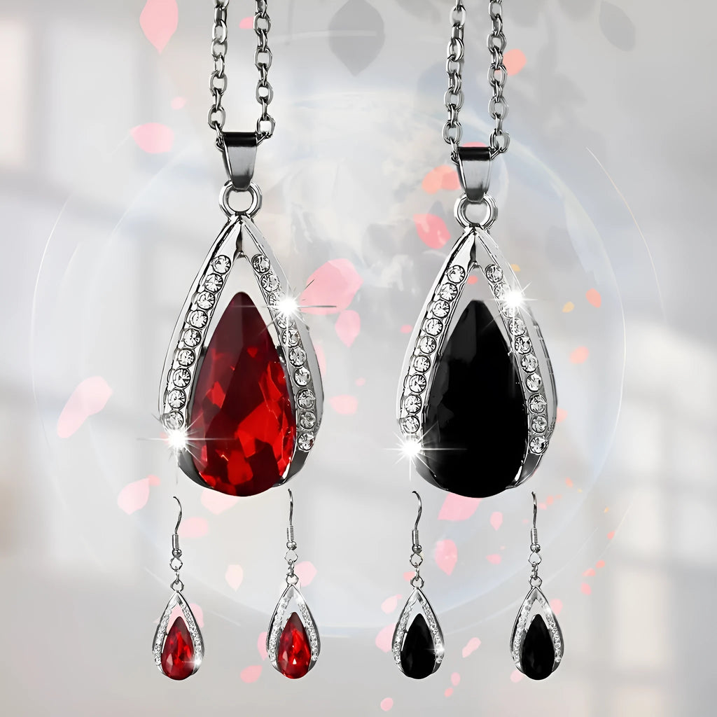 Teardrop pendant necklace and earrings jewellery set in black or red colour options