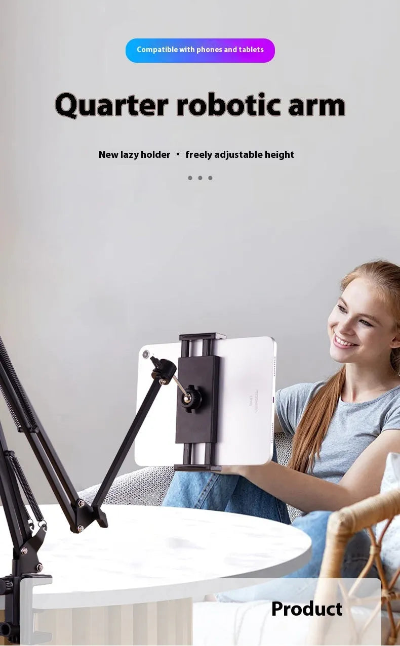 Black foldable metal cantilever bracket holding a tablet, extended on a desktop.
