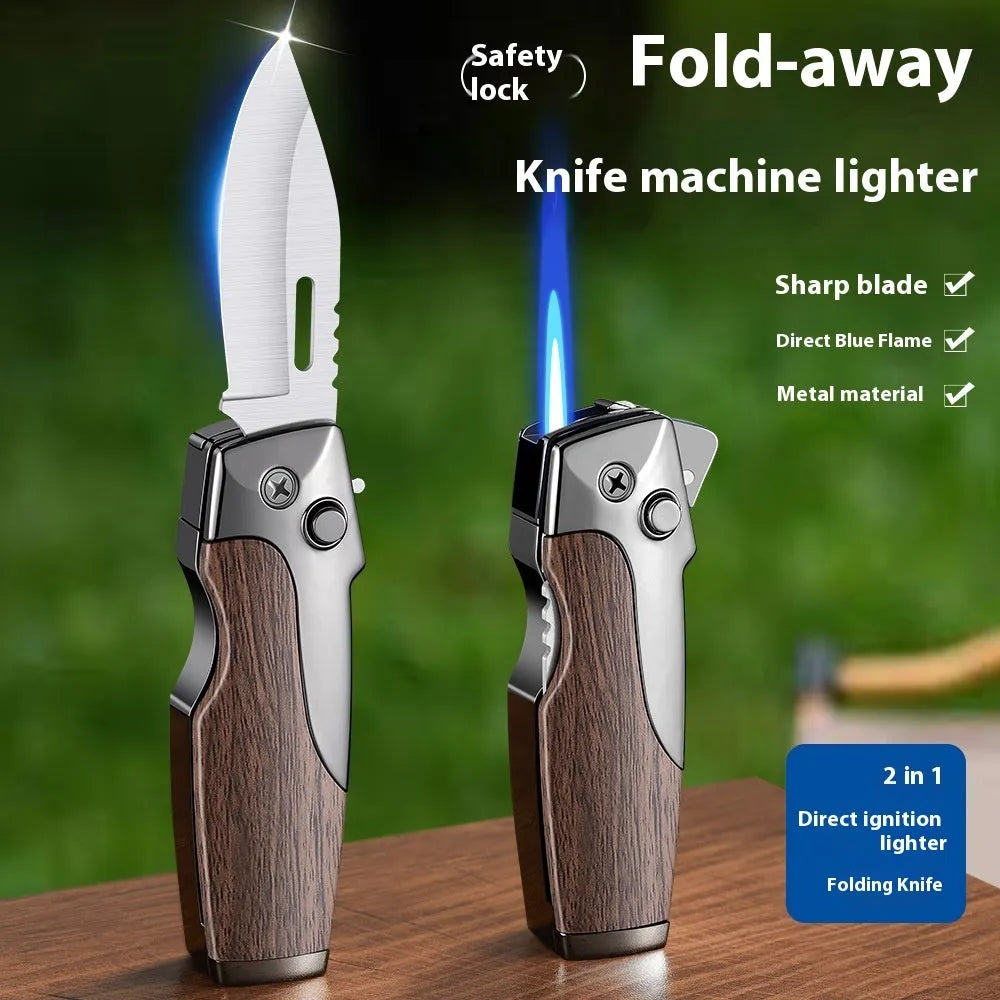 Metal folding lighter with an extended knife blade, shown in a black finish with wood grain texture.