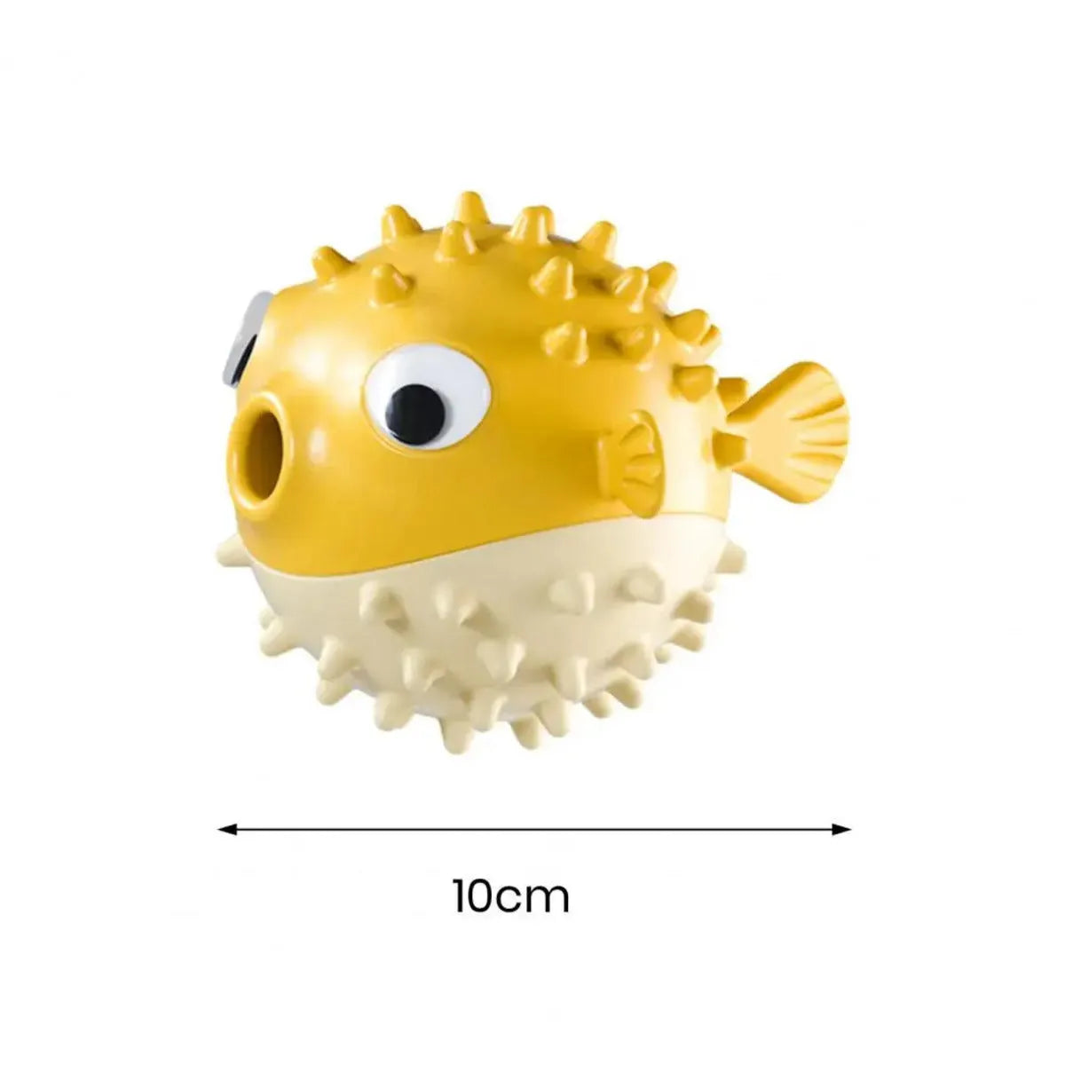 Yellow fish-shaped vinyl dog chew toy with textured surface and squeaker for aggressive chewing dogs
