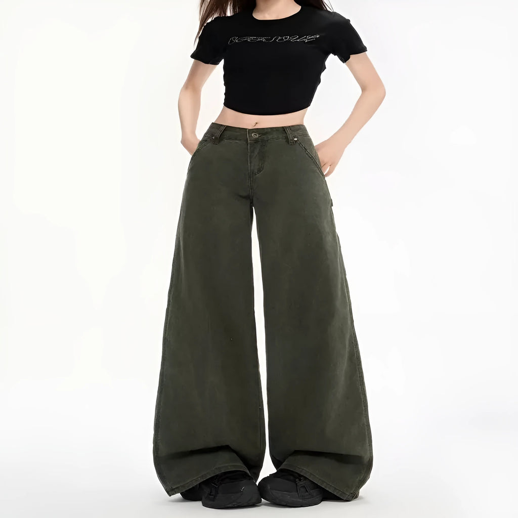 Women's army green loose straight-leg flared denim overalls with ultra-low-rise waist, casual summer style