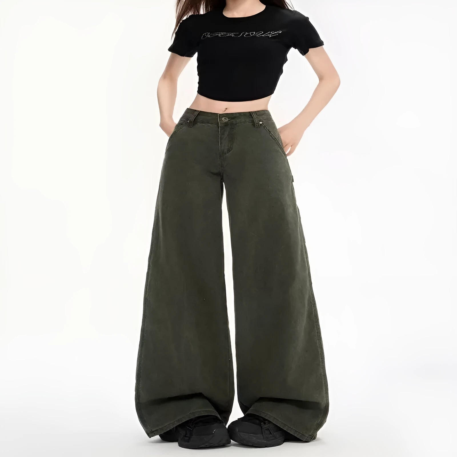 Women's army green loose straight-leg flared denim overalls with ultra-low-rise waist, casual summer style