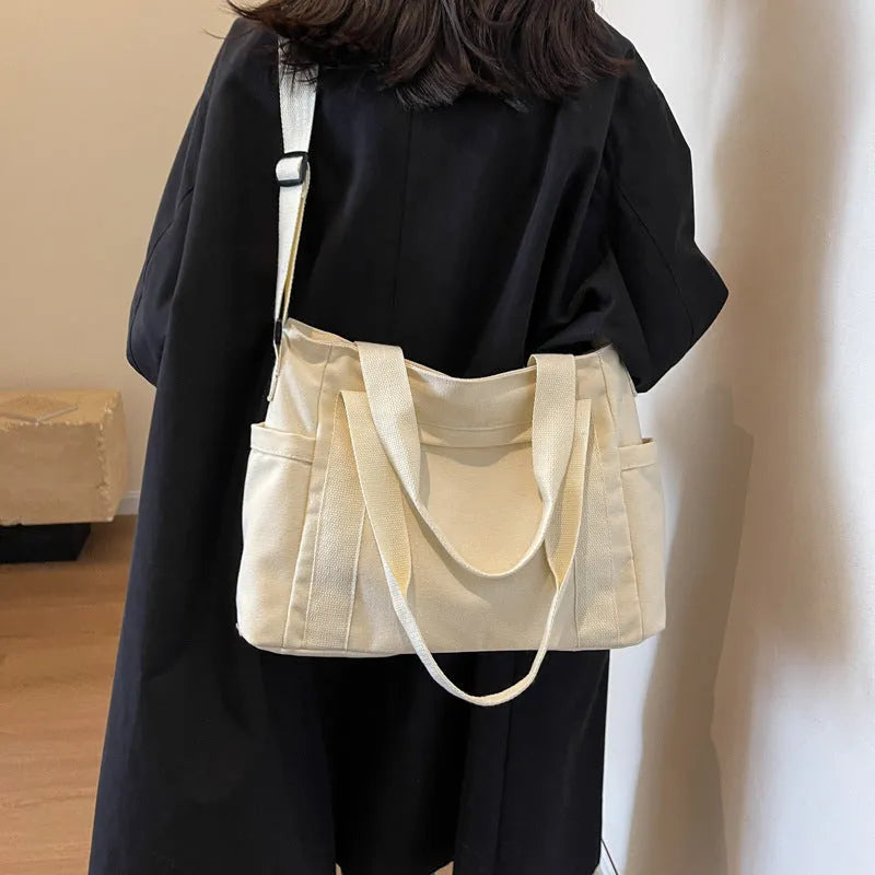 Women's canvas shoulder tote bag with sandwich pocket in solid colour options