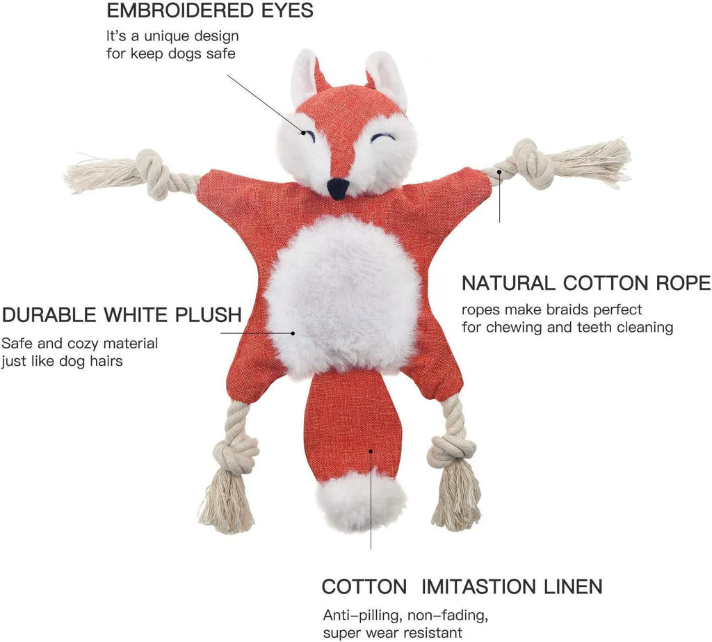 Brown plush fox dog toy with embroidered eyes, cotton rope arms and legs, and a squeaker.