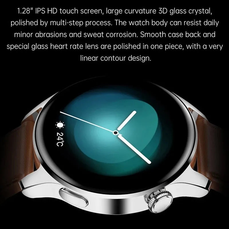 Round screen smartwatch with silicone strap showing heart rate and call functions on display.