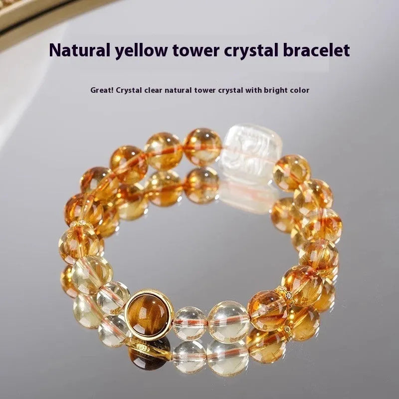 Women's carved citrine bracelet with 10mm geometric crystal beads in ethnic style design
