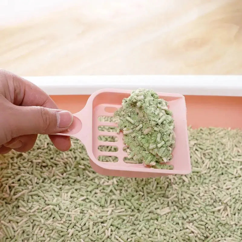 Blue plastic cat litter scoop showing 20cm length and built-in sand shovel.