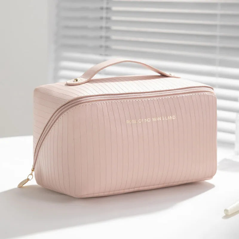 Vertical pattern cubic makeup bag in PU leather measuring 22.5 x 12.5 x 12.5 cm