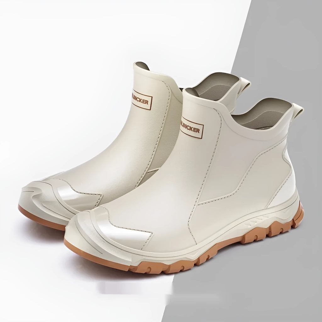 Korean-style short tube PVC rain boot in beige colour with round toe and flat heel.