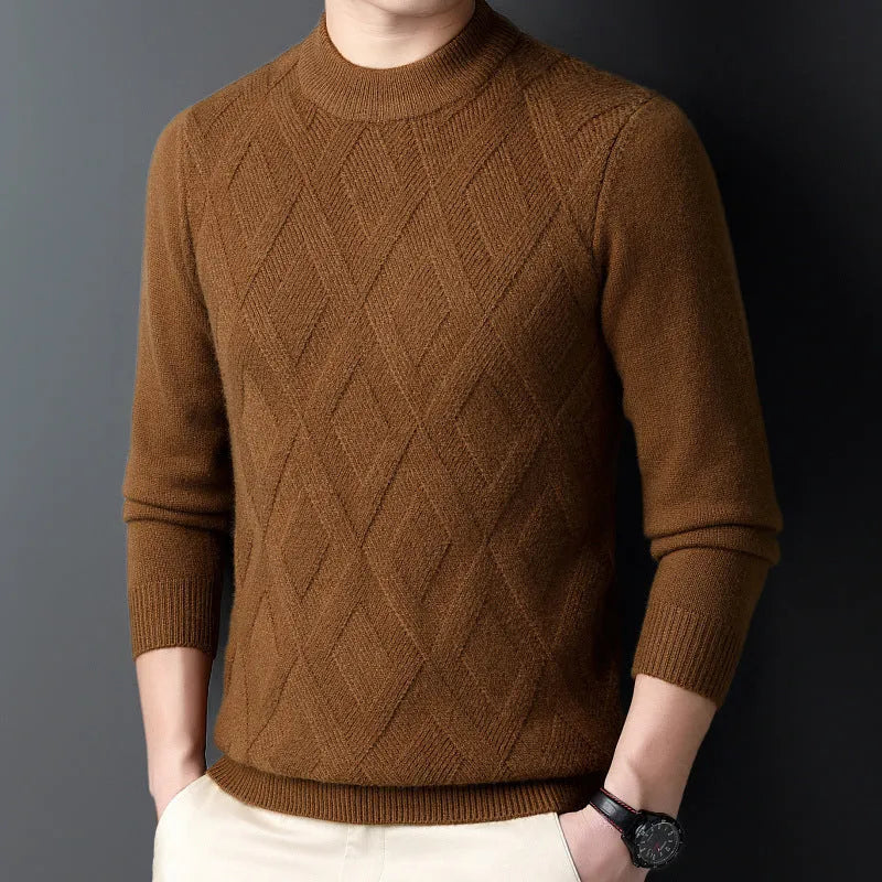 Men's winter thermal wool diamond jacquard pullover sweater shown in light camel colour