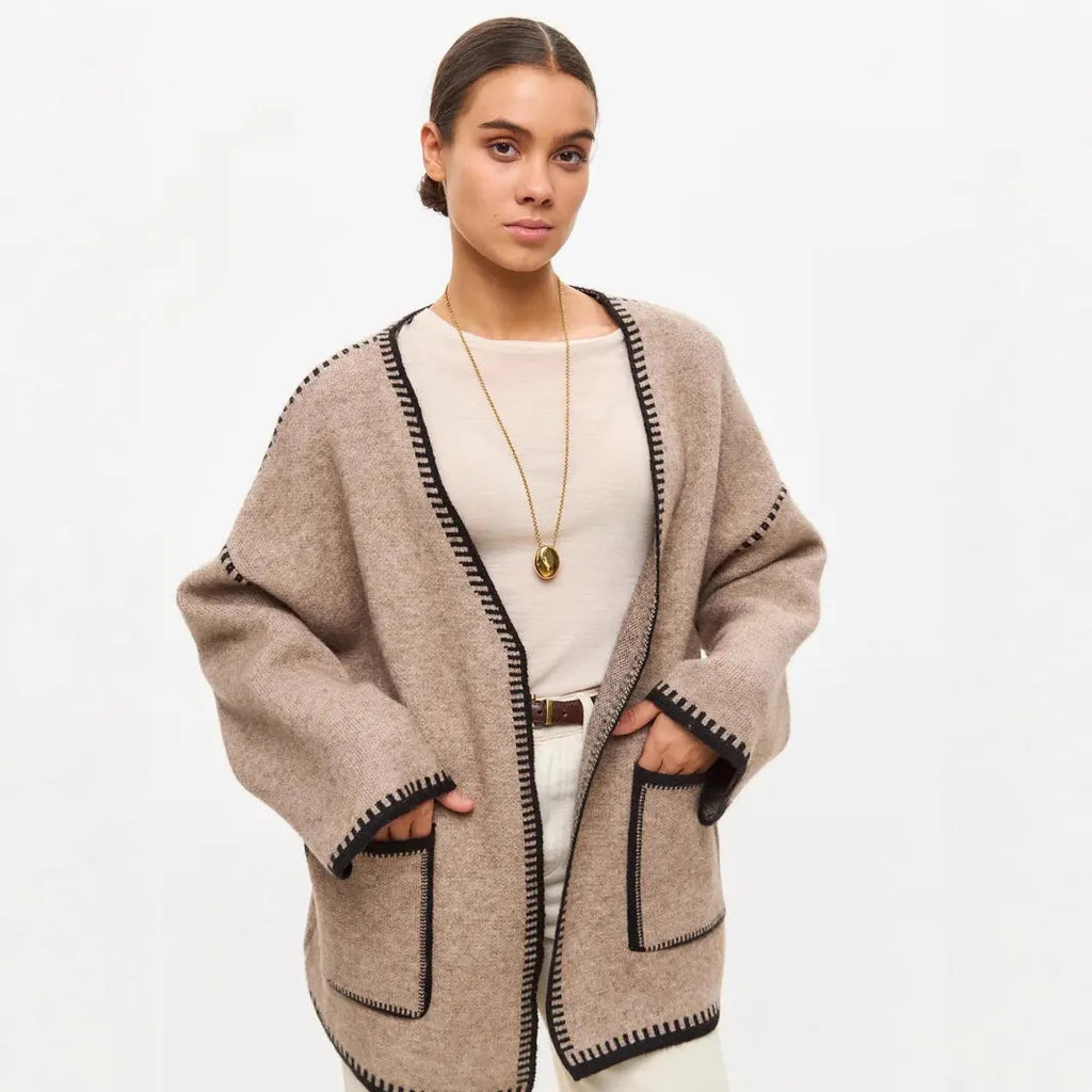 Loose lace-up knitted cardigan sweater coat in white, black, or camel colour with 50cm normal length