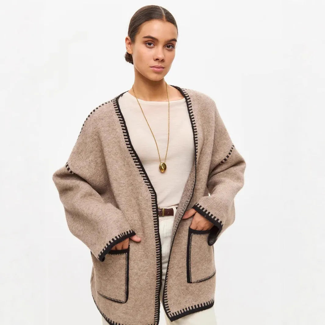 Loose lace-up knitted cardigan sweater coat in white, black, or camel colour with 50cm normal length