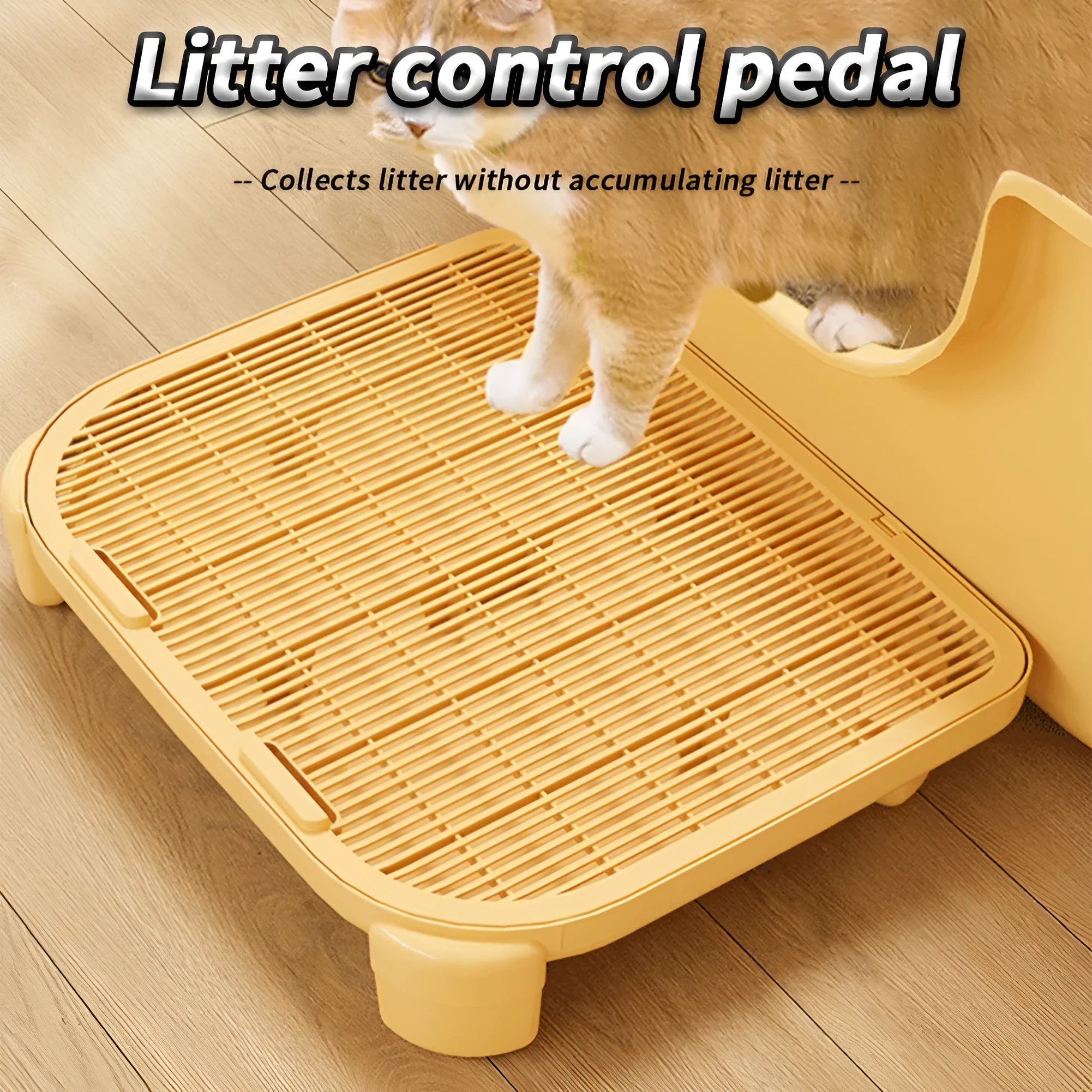 Milk yellow oversized plastic cat litter mat with anti-slip silicone feet on a floor next to a litter box.