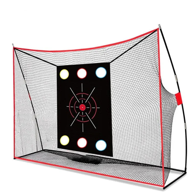 Golf wedge training net with 3-hole target design and straw practice mat including practice balls and tees