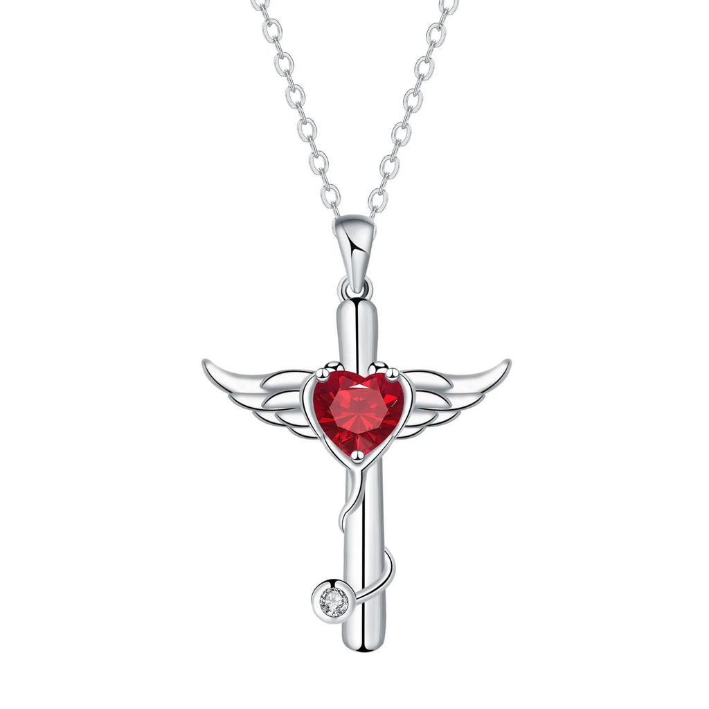 Women's cross stethoscope necklace with angel wings charm in electroplated finish