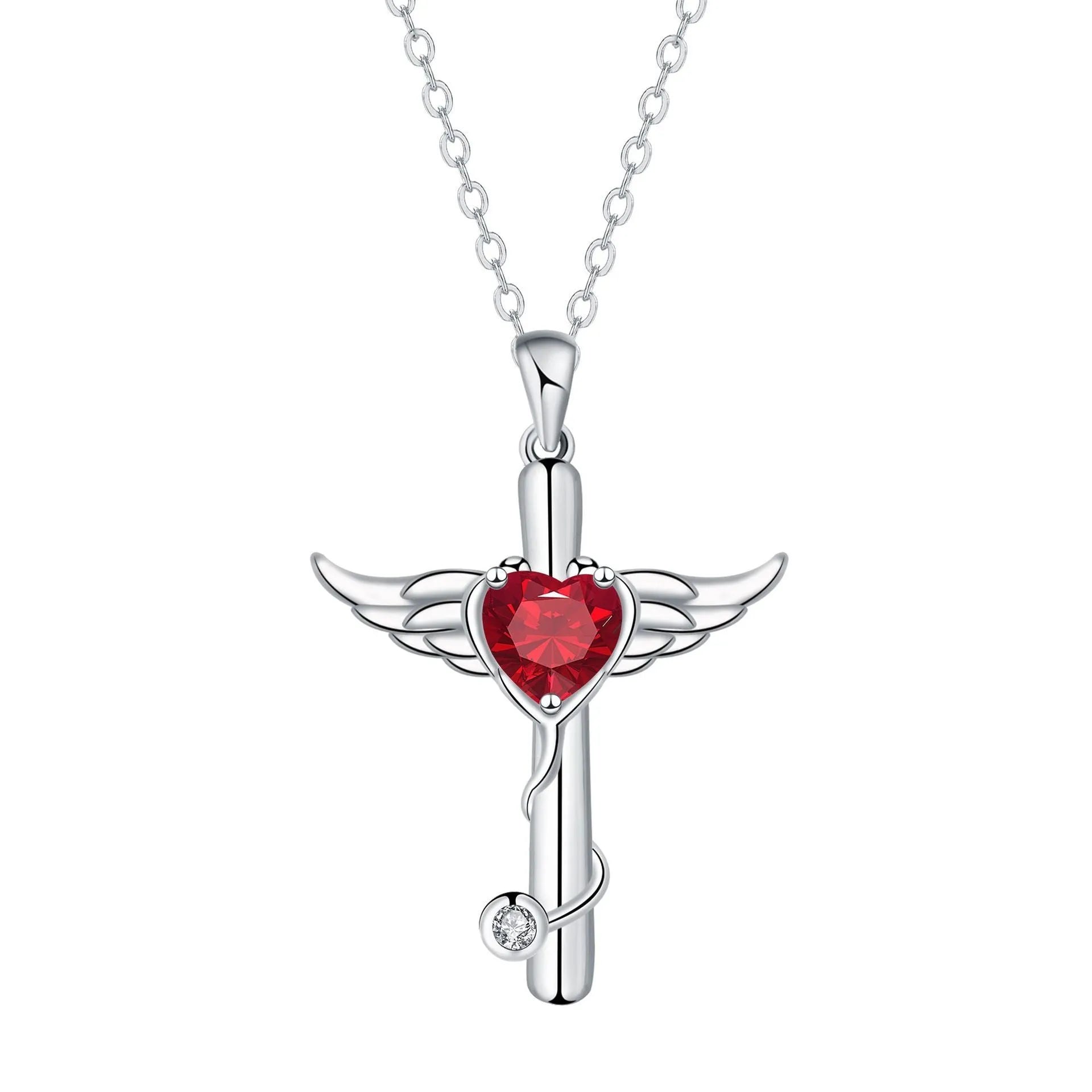 Women's cross stethoscope necklace with angel wings charm in electroplated finish