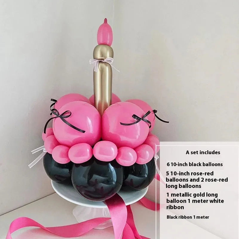 Finished round balloon bouquet decoration for cake table centrepiece.
