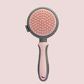 Green and pink dual-sided pet grooming brush with retractable slicker brush and silicone massager pins