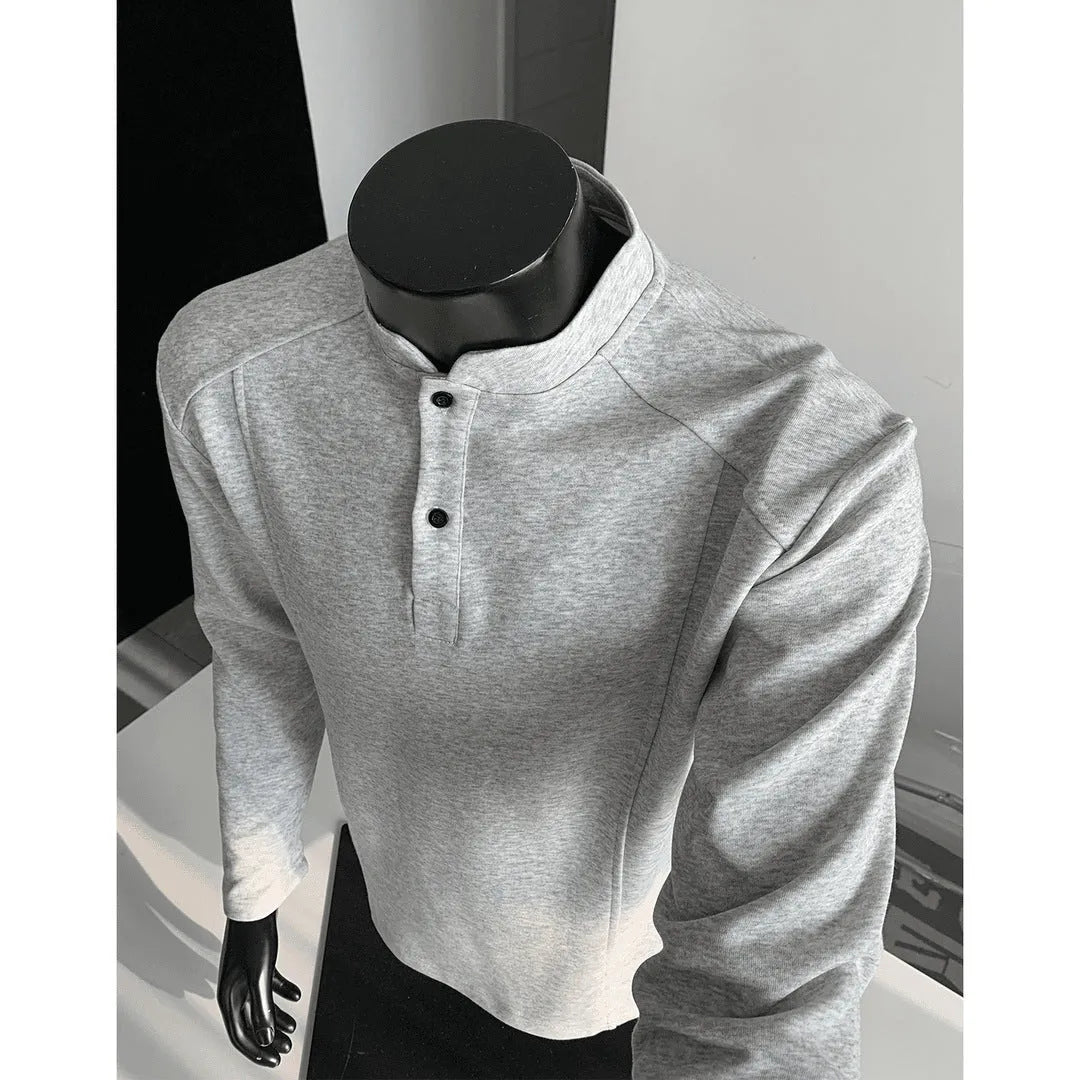 Men's polo shirt with stand-up collar and patchwork shoulder detailing in Chinese cotton fabric