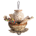 Parrot gnawing molar chew toy with wooden beads, rope, and metal bells in three configuration options