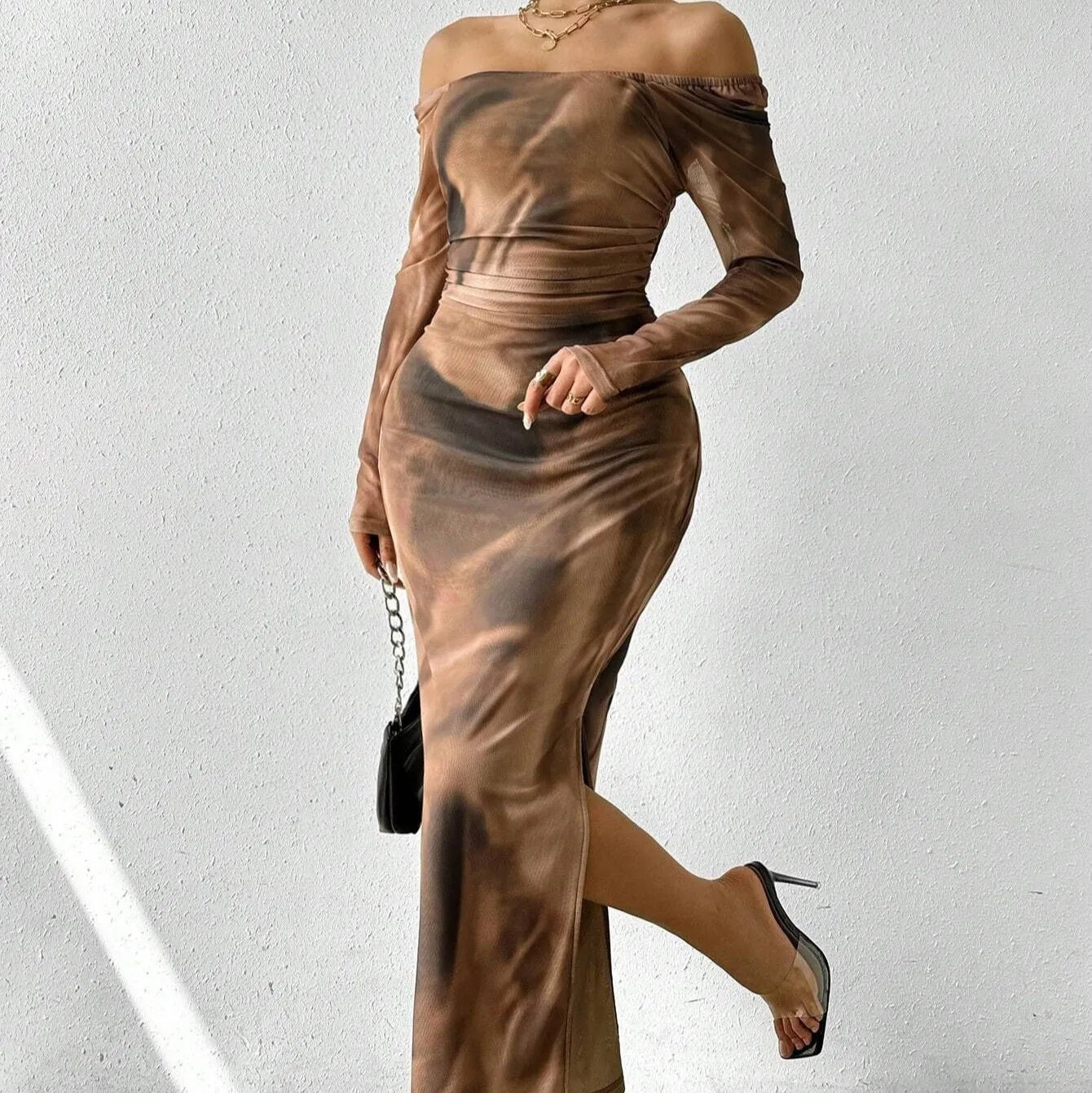 Women's pleated mesh fishtail dress with gradient colour print and a square collar.