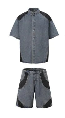 Retro denim suit set showing washed finish short-sleeve jacket and matching trousers