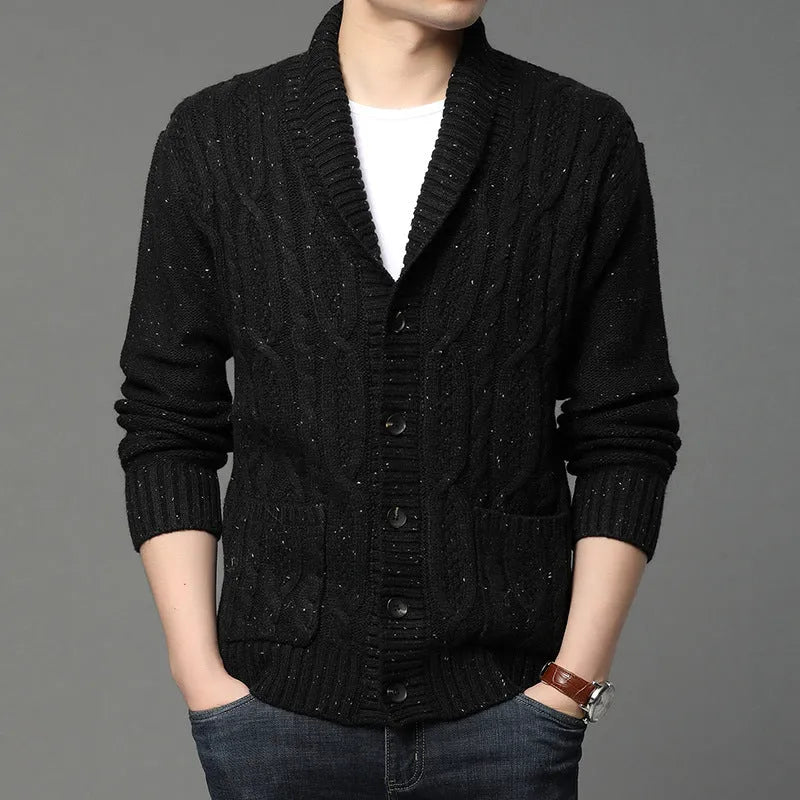 Men's Korean style jacquard patterned knitted cardigan jacket in straight cut with thickening polyester blend fabric