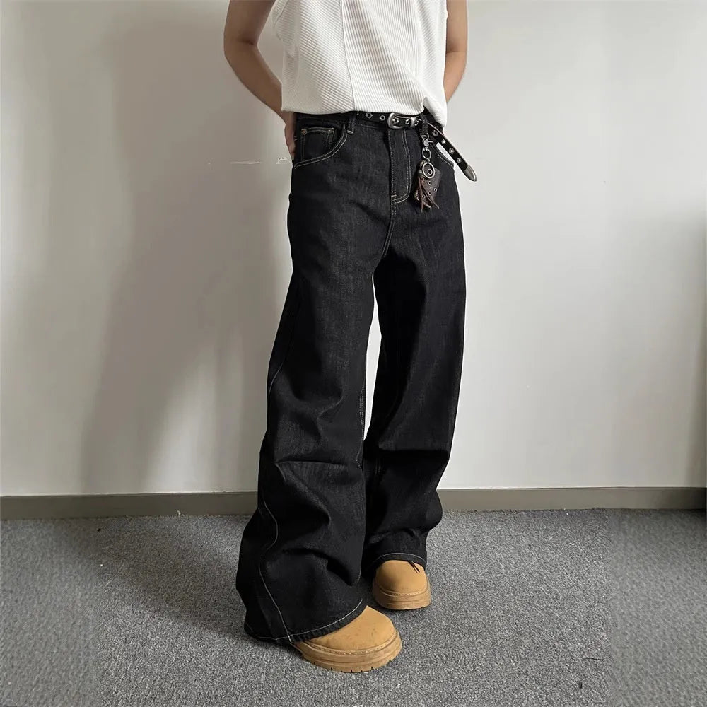 Black retro-style loose wide-leg straight-leg jeans on a hanger.