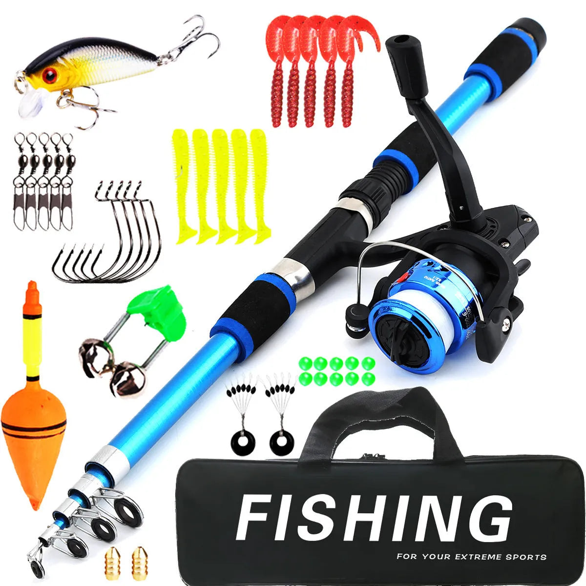 Children's beginner fishing rod and reel set in blue, green, red, or yellow colour options.