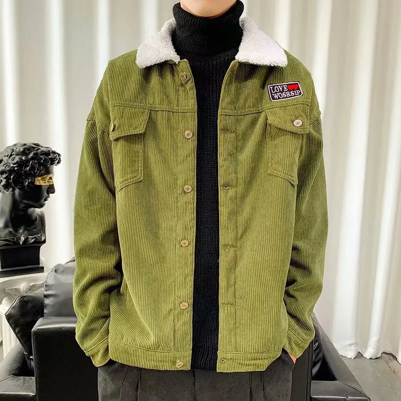 Men's loose fit corduroy workwear jacket in khaki colour with size stick pockets.