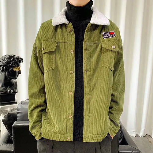 Men's loose fit corduroy workwear jacket in khaki colour with size stick pockets.