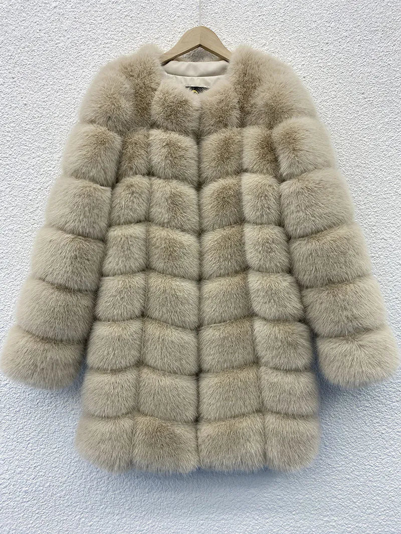 Women's thick artificial fur coat in apricot colour with regular sleeves